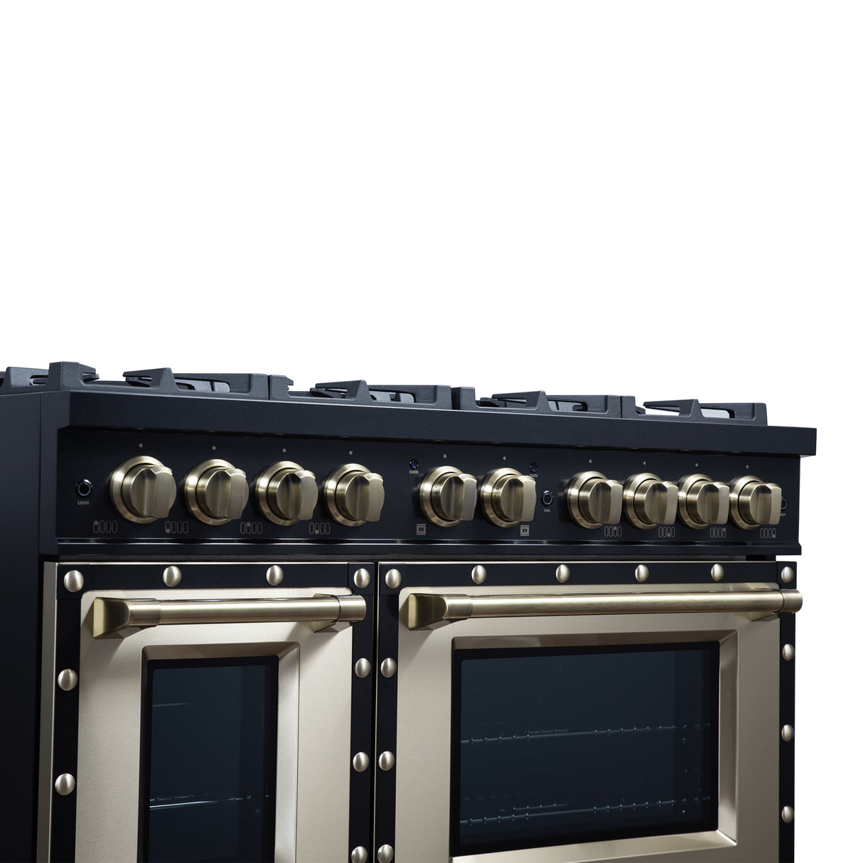 Valente 48" Gas Range in Black, 8 Sealed Burnes, 94 000 BTU Cooktop Output, 6.7 Cu.Ft. Double Oven, Telescopic Racks