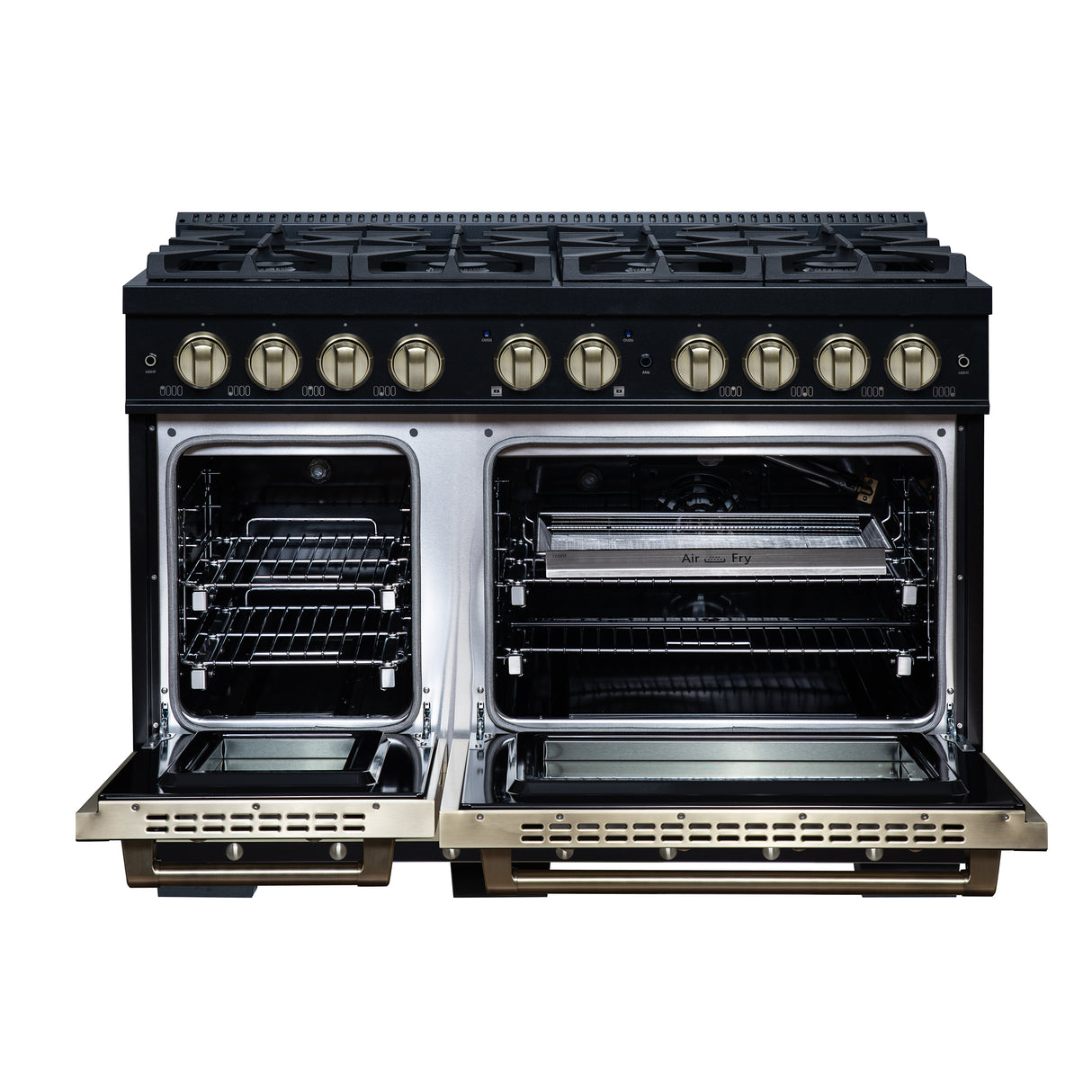 Valente 48" Gas Range in Black, 8 Sealed Burnes, 94 000 BTU Cooktop Output, 6.7 Cu.Ft. Double Oven, Telescopic Racks