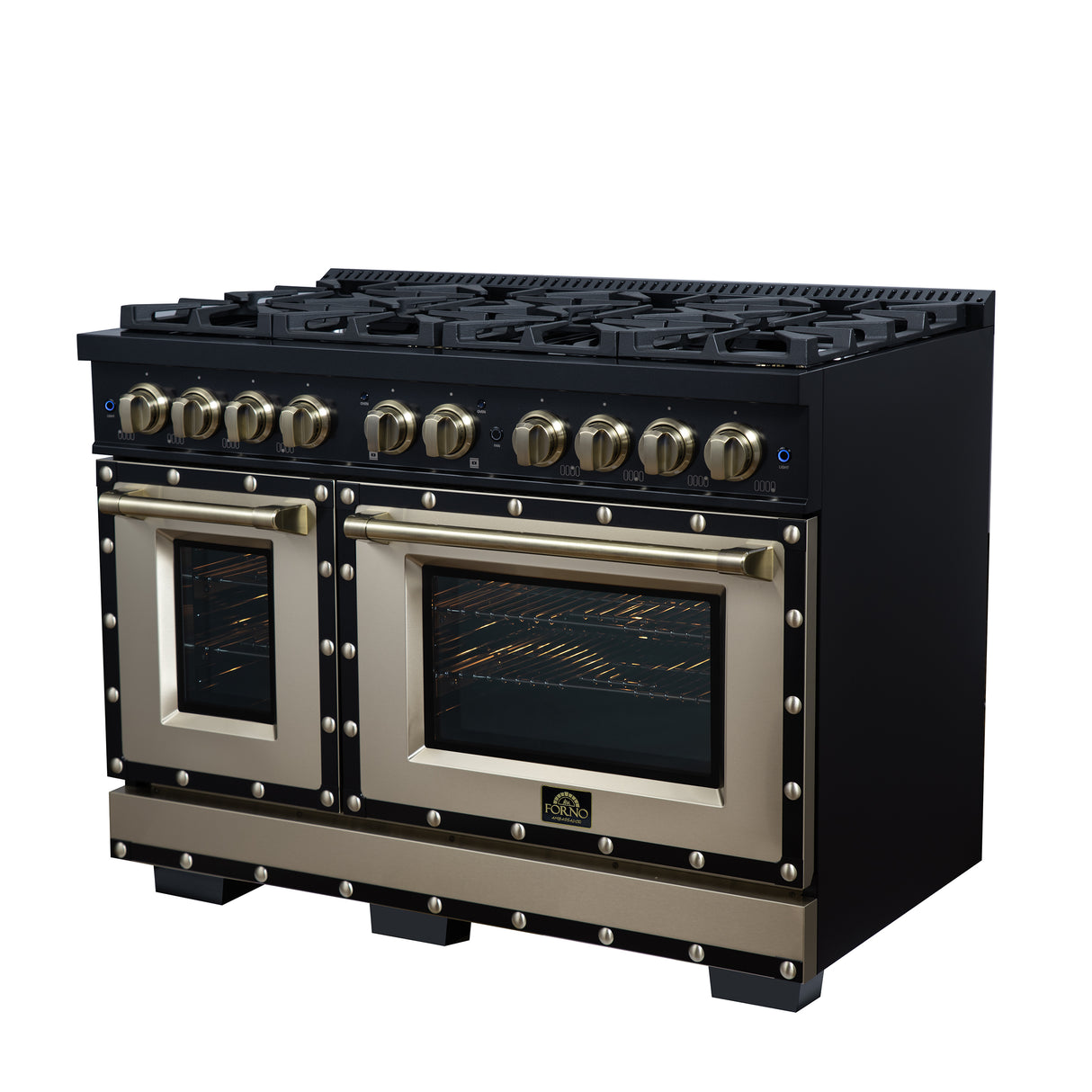 Valente 48" Gas Range in Black, 8 Sealed Burnes, 94 000 BTU Cooktop Output, 6.7 Cu.Ft. Double Oven, Telescopic Racks