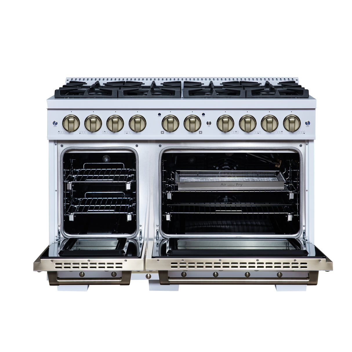 Valente 48" Gas Range in White, 8 Sealed Burnes, 94 000 BTU Cooktop Output, 6.7 Cu.Ft. Double Oven, Telescopic Racks