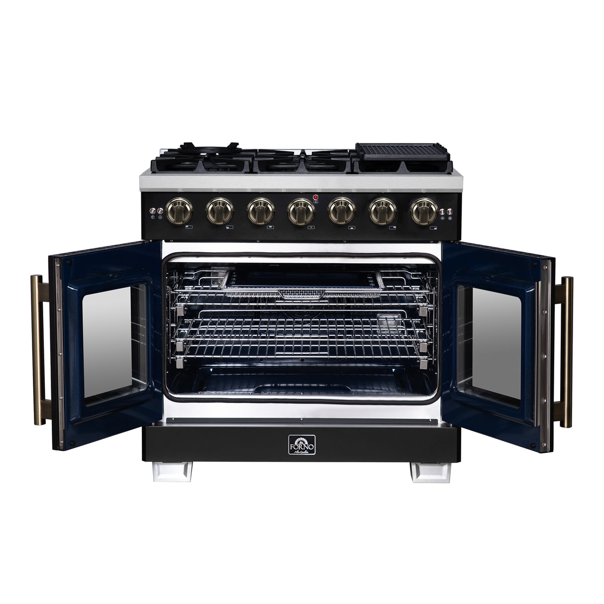 Forno Capriasca 36-Inch Black Freestanding French Door Gas Range, 6 Burners, Convection Oven, Energy Efficient