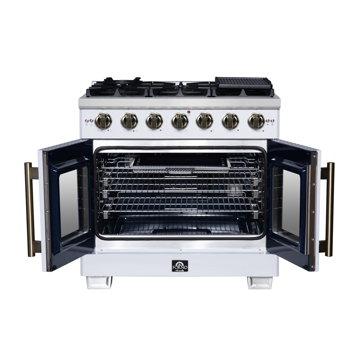 Forno Capriasca 36-Inch White Freestanding French Door Gas Range, 6 Burners, Convection Oven, Energy Efficient