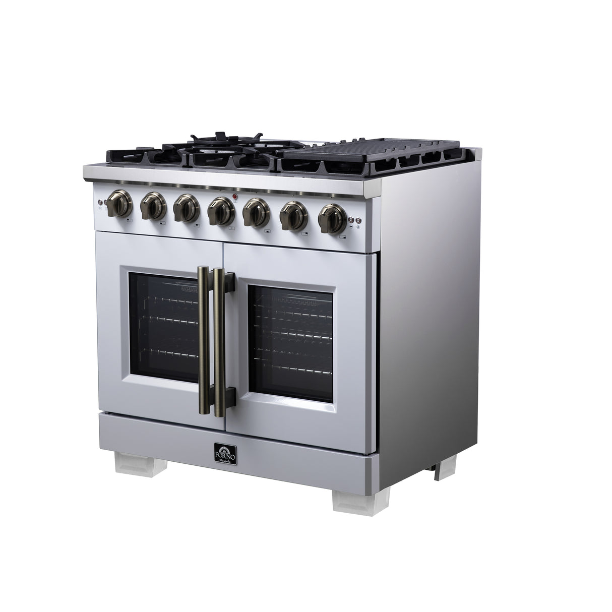 Forno Capriasca 36-Inch White Freestanding French Door Gas Range, 6 Burners, Convection Oven, Energy Efficient