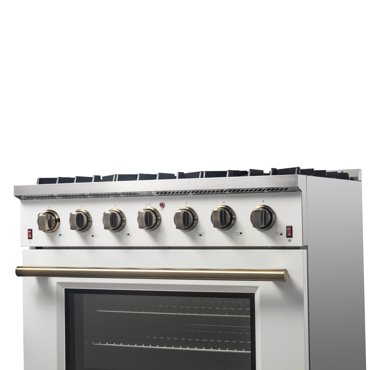 Forno Galiano 36-inch Freestanding Gas Range in White with Antique Brass Design, 6 Burners, 83,000 BTU, 5.36 cu.ft. Convection Oven