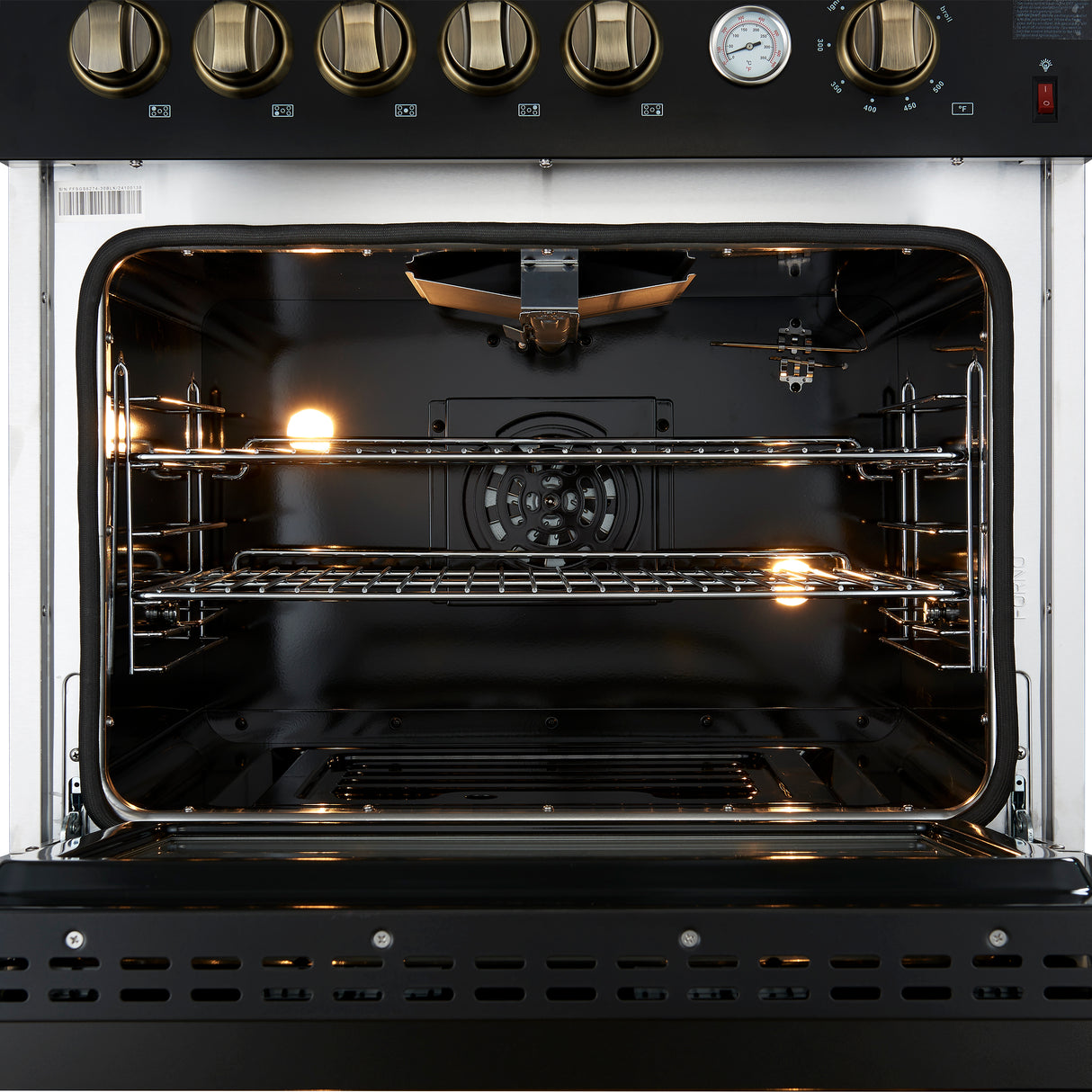 Giovanni 30-inch Gas Range Black & Antique Brass Design, 5 Burners 67,000 BTU, 4.32 cu.ft. Convection Oven