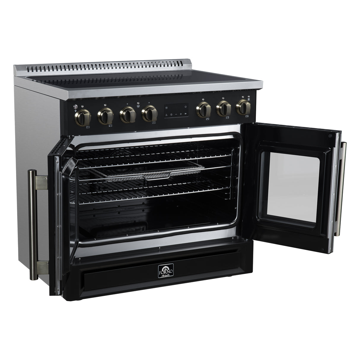 Torino French Door 36 Inch Induction Range with Air Fryer, Air Sous Vide & True Convection, Dual Broiler, Black