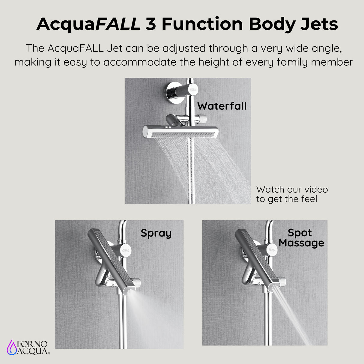 Forno Acqua AcquaFALL Shower, Brushed Nickel Finish, Overhead Rainfall Shower, Handheld Shower Head, Body Jets, 1.8 GPM Flow Rate