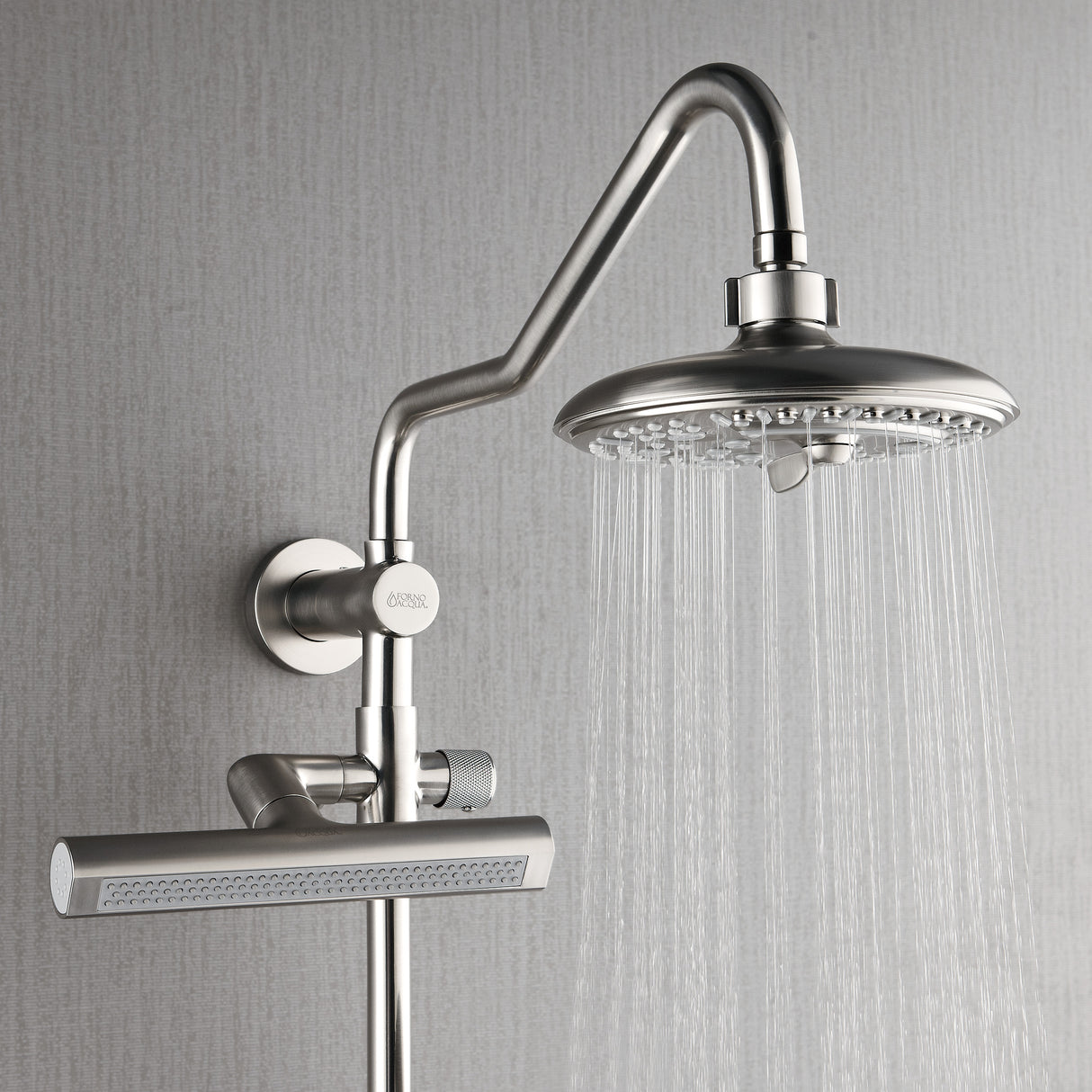 Forno Acqua AcquaFALL Shower, Brushed Nickel Finish, Overhead Rainfall Shower, 7 Way Diverter, Handheld Shower Head, Body Jets, 2.5 GPM Flow Rate