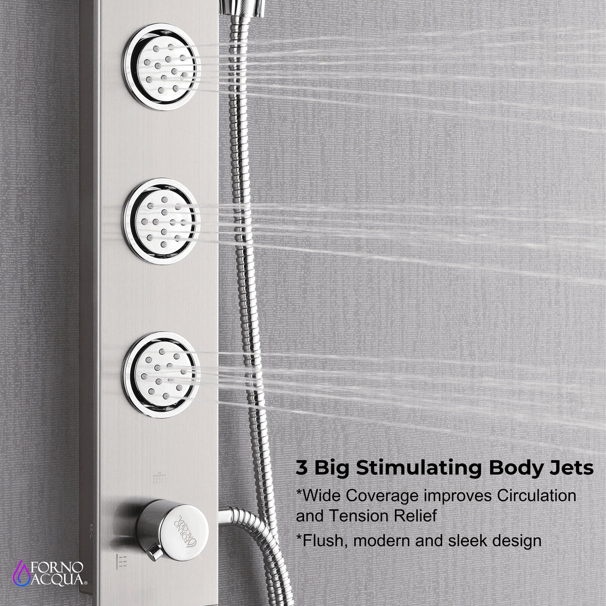 Forno Acqua AcquaSPA Shower Panel in Stainless Steel, Overhead Rainfall Shower, Handheld Shower Head, Body Jets, 1.8 GPM Flow Rate