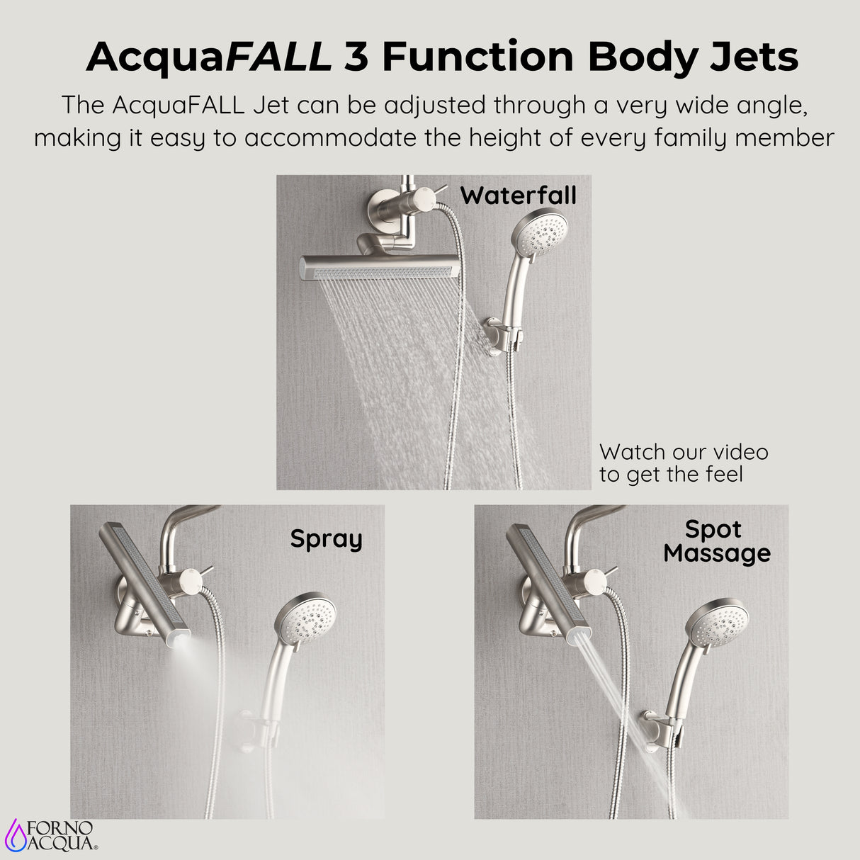 Forno Acqua AcquaFALL Mini Shower Head, Brushed Nickel Finish, Overhead Rainfall Shower, 7 Way Diverter, Handheld Shower Head, Body Jets, 2.5 GPM Flow Rate