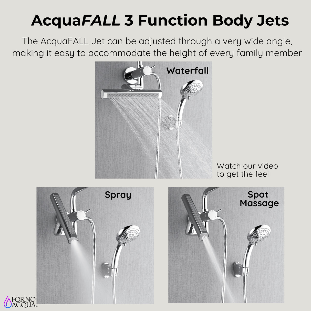 Forno Acqua AcquaFALL Mini Shower Head, Polished Stainless Steel Finish, Overhead Rainfall Shower, 7 Way Diverter, Handheld Shower Head, Body Jets, 2.5 GPM Flow Rate