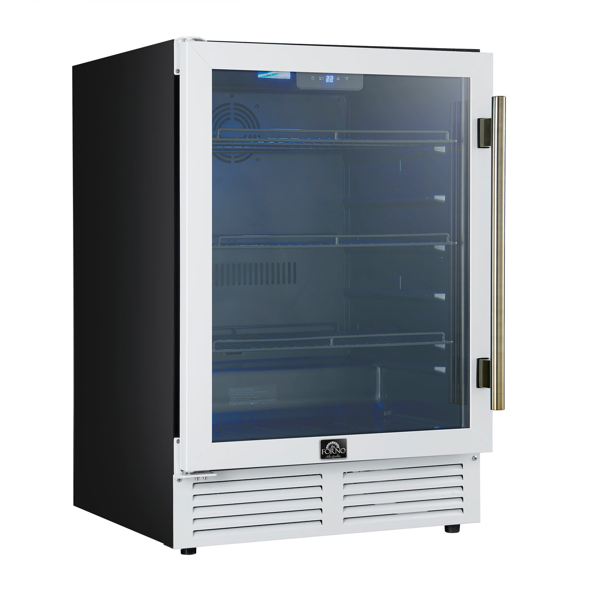 Forno Frescolino 24 Inch Beverage Cooler, White with Antique Brass Handles, with LED Lighting, Triple Glass Door, 188 Can Capacity, Built-In or Freestanding