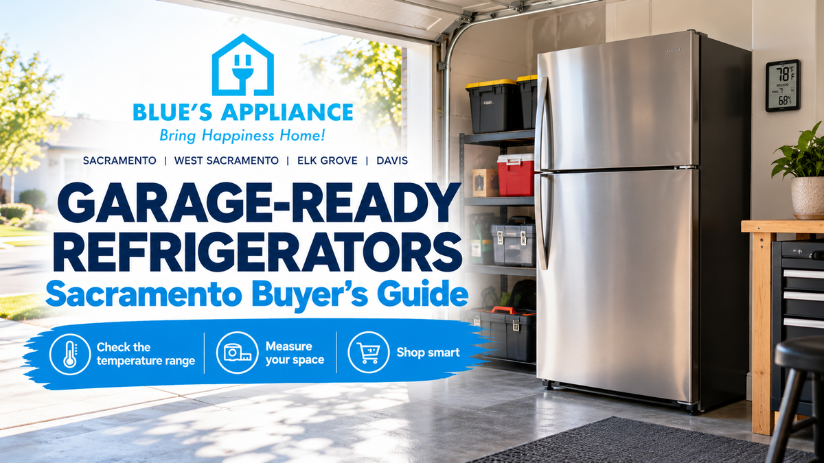 Blue's Appliance guide to garage-ready refrigerators in Sacramento with stainless steel refrigerator in garage