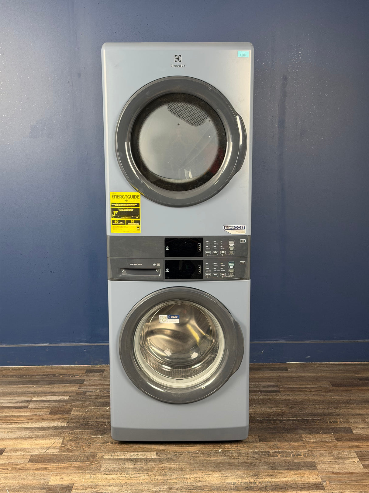 Electrolux - 4.4 cu. ft. . Stacked Washer and 8 cu. ft. Electric Dryer Laundry Tower in Blue Denim with LuxCare Wash