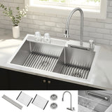 FORNO ACQUA 33 in. Drop-In/Undermount 40/60 Double Bowl Stainless Steel Sink with Waterfall Faucet