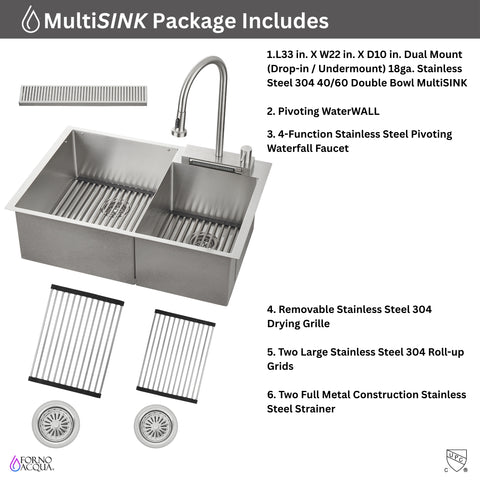 FORNO ACQUA 33 in. Drop-In/Undermount 40/60 Double Bowl Stainless Steel Sink with Waterfall Faucet