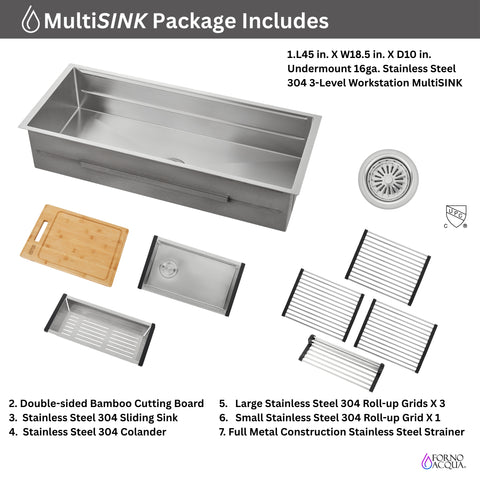 FORNO ACQUA 45 in. Undermount 3-Level Workstation MultiSINK with Custom-Fit Accessories