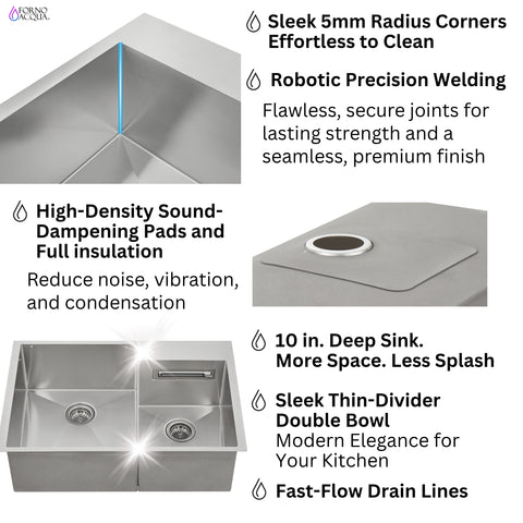 FORNO ACQUA 33 in. Drop-In/Undermount 40/60 Double Bowl Sink with Retractable Faucet & Waterfall