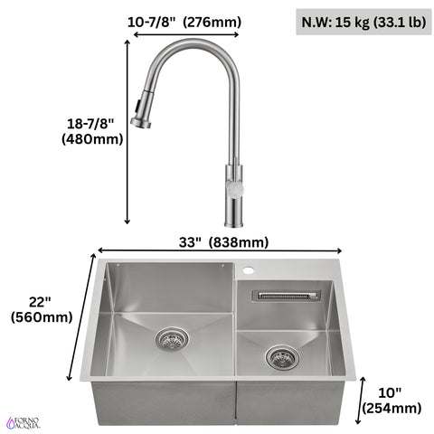 FORNO ACQUA 33 in. Drop-In/Undermount 40/60 Double Bowl Sink with Retractable Faucet & Waterfall