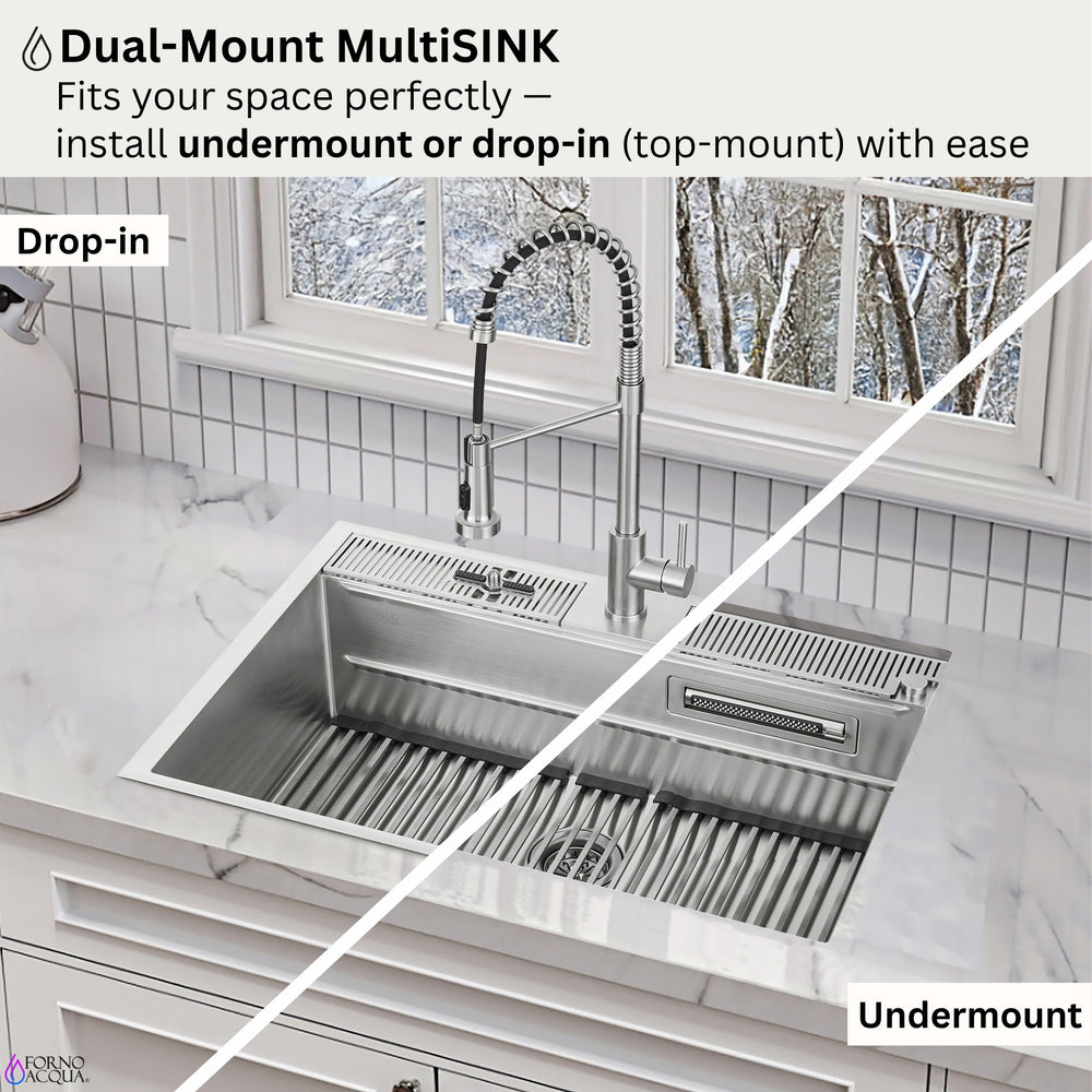 FORNO ACQUA 33 in. Drop-In/Undermount 3-Level Workstation Sink with Faucet, Waterfall & Glass Rinser