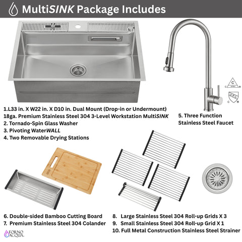FORNO ACQUA 33 in. Drop-In/Undermount 3-Level Workstation Sink with Faucet, Waterfall & Glass Rinser
