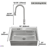 FORNO ACQUA 33 in. Drop-In/Undermount 3-Level Workstation Sink with Faucet, Waterfall & Glass Rinser