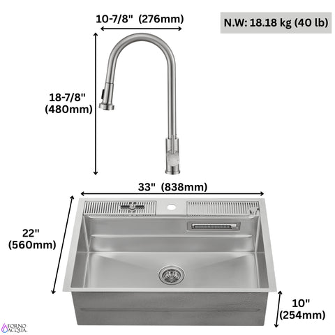 FORNO ACQUA 33 in. Drop-In/Undermount 3-Level Workstation Sink with Faucet, Waterfall & Glass Rinser