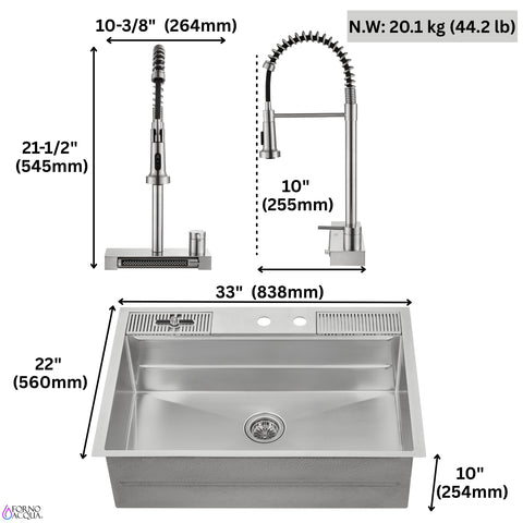 FORNO ACQUA 33 in. Drop-In/Undermount 3-Level MultiSINK Workstation Sink with Waterfall Faucet & Glass Rinser