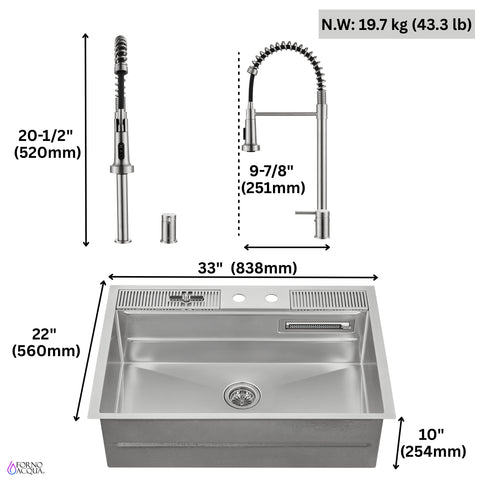 FORNO ACQUA 33 in. Drop-In/Undermount 3-Level Workstation Sink with Faucet, Waterfall & Glass Rinser