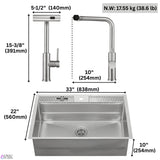 FORNO ACQUA 33 in. Drop-In/Undermount 3-Level Workstation Sink with Waterfall Faucet & Glass Rinser