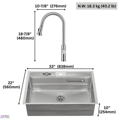 FORNO ACQUA 33 in. Drop-In/Undermount 3-Level Workstation with Retractable Faucet & Glass Rinser