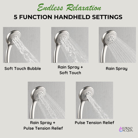 Forno Acqua AcquaFALL Shower, Brushed Nickel Finish, Overhead Rainfall Shower, 7 Way Diverter, Handheld Shower Head, Body Jets, 2.5 GPM Flow Rate