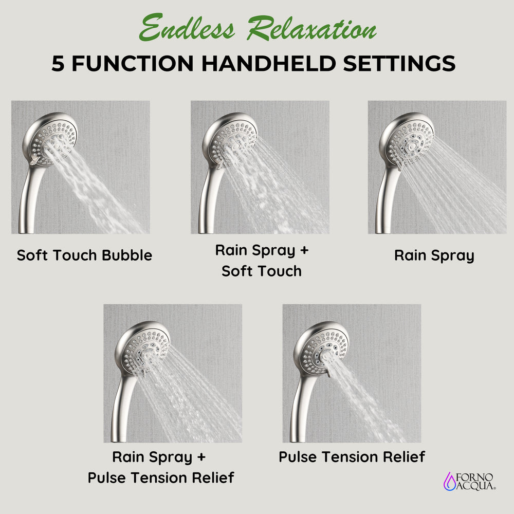 Forno Acqua AcquaSPA Retrofit Shower, Overhead Rainfall, 8 Inch Shower Head, Handheld Shower Head, Body Jets, 6 Way Diverter, Brushed Nickel Finish, 2.5 GPM Flow Rate