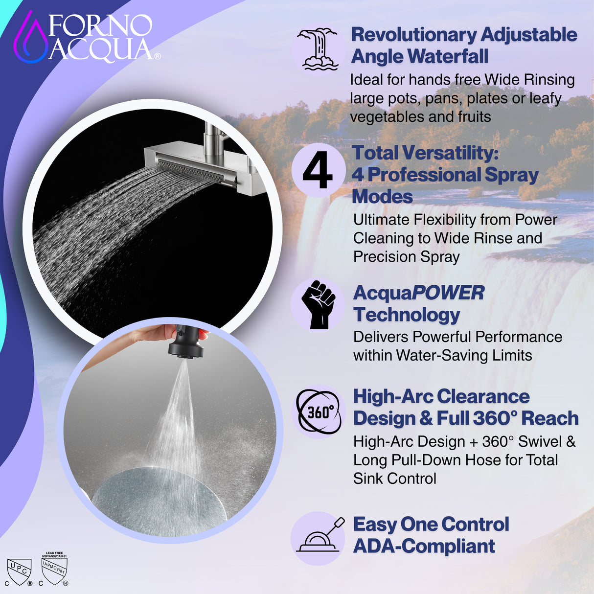 FORNO ACQUA 4 function pull-Down Waterfall Kitchen Faucet