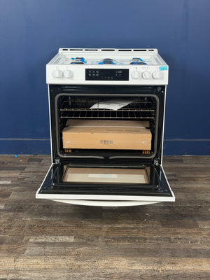 Frigidaire - 30 in. 5 Burners Slide in Front Control Gas Range with Steam Clean in White