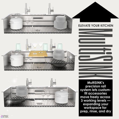 FORNO ACQUA 45 in. Drop-In/Undermount 3-Level Workstation Sink with Two Faucets & Glass Rinser