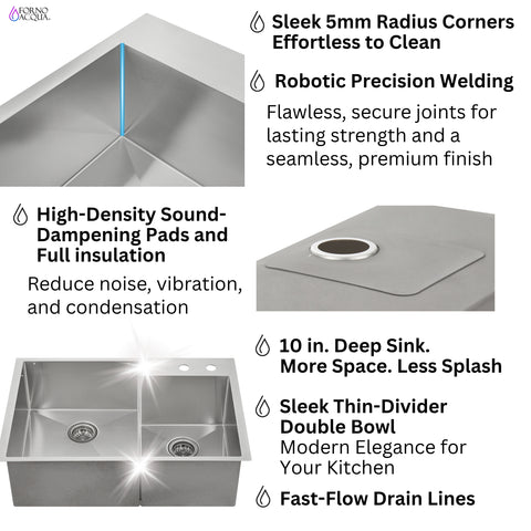 FORNO ACQUA 33 in. Drop-In/Undermount 40/60 Double Bowl Stainless Steel Sink with Waterfall Faucet