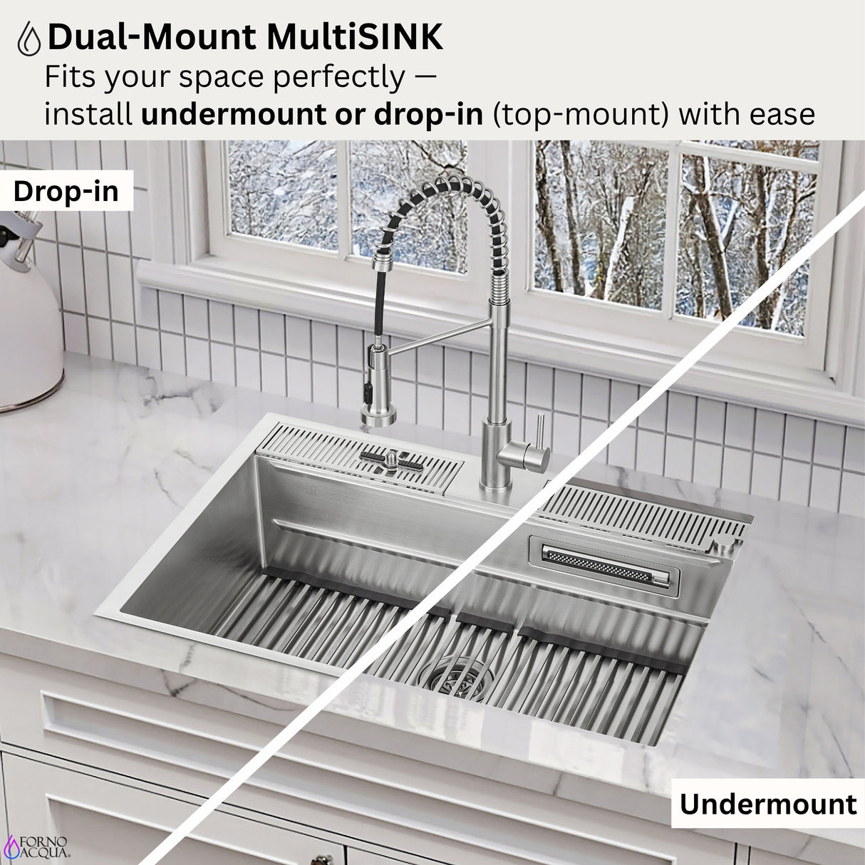 FORNO ACQUA 33 in. Drop-In/Undermount 40/60 Double Bowl Stainless Steel Sink with Waterfall Faucet