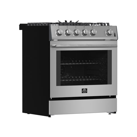 Forno Leonardo 30-Inch Stainless Steel Gas Range, 5 Sealed Burners (Totaling 39,500 BTU), 5 cu.ft. Convection Oven, Continuous Cast Iron Grates, Black Enamel Interior, Auto Re-Ignition, LP Conversion Kit Included
