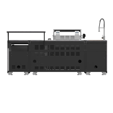 Forno Rimini Outdoor Kitchen 30" BBQ 62,600 BTU, 3 Burners with Sear & Rotisserie, 2.4 cu.ft. Beverage Center, Stainless Steel Sink, Black Cabinets & Gray Sintered Stone Countertop