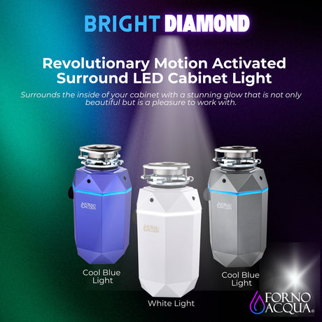 FORNO ACQUA BrightDIAMOND Amethyst 1HP Super Quiet Garbage Disposal Corded with Motion Sensor Cabinet Light & Pre-Wired Air Switch
