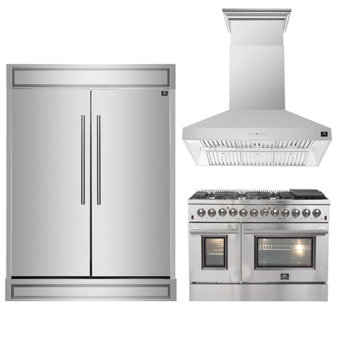 FORNO Premium 3-Piece Kitchen Bundle - FORNO Galiano 48" Freestanding Dual Fuel Range, FORNO Maderno 60" 2-Piece Convertible Refrigerator/Freezer Built-In with Decorative Grill Trim, 27.2 cu.ft., FORNO Orvieto 48" Wall Mount Range Hood - FBDL-017-04CAUS