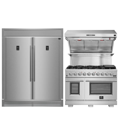 FORNO Premium 3-Piece Kitchen Bundle - FORNO Capriasca 48" Freestanding Gas Range, FORNO Rizzuto 60" W. Dual Combo Convertible Refrigerator, FORNO 48" Wall Mount Range Hood - FBDL-019-05US