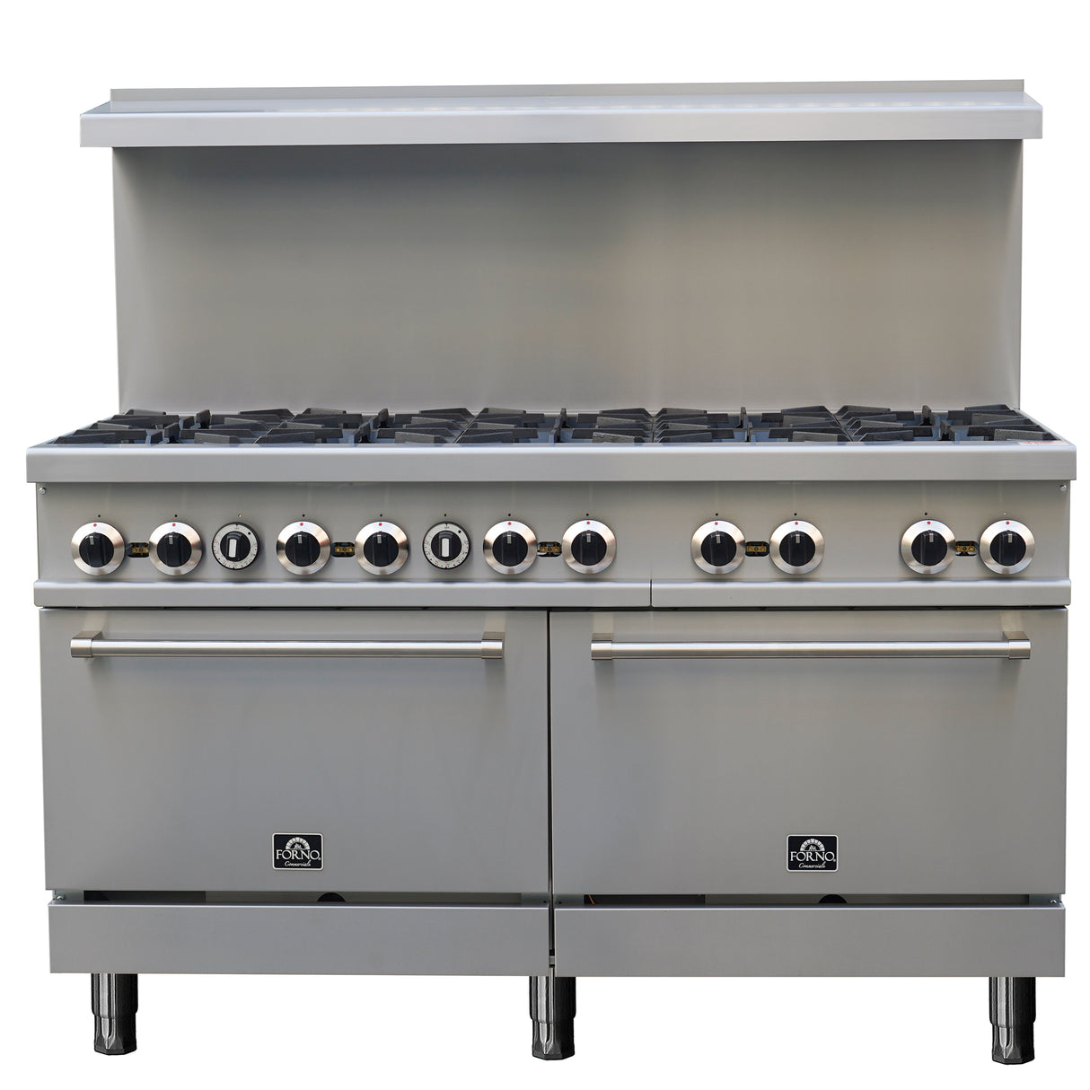 Forno Commerciale 60 Inch Stainless Steel Gas Range, 10 Burners 300,000 BTU Total, 9.3 cu.ft. Ovens