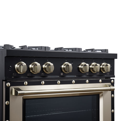 Valente 36" Dual Fuel Range in Black, 6 Sealed Burners, 71 000 BTU Cooktop Output , 5.2 Cu.Ft. convection Oven, Telescopic Racks