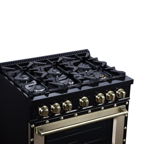 Valente 36" Dual Fuel Range in Black, 6 Sealed Burners, 71 000 BTU Cooktop Output , 5.2 Cu.Ft. convection Oven, Telescopic Racks