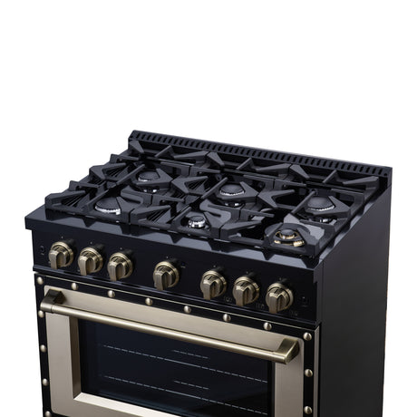 Valente 36" Dual Fuel Range in Black, 6 Sealed Burners, 71 000 BTU Cooktop Output , 5.2 Cu.Ft. convection Oven, Telescopic Racks
