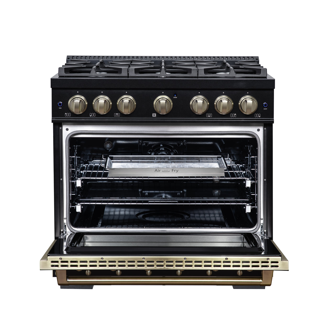 Valente 36" Dual Fuel Range in Black, 6 Sealed Burners, 71 000 BTU Cooktop Output , 5.2 Cu.Ft. convection Oven, Telescopic Racks