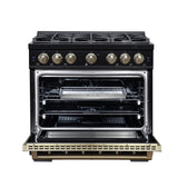 Valente 36" Dual Fuel Range in Black, 6 Sealed Burners, 71 000 BTU Cooktop Output , 5.2 Cu.Ft. convection Oven, Telescopic Racks