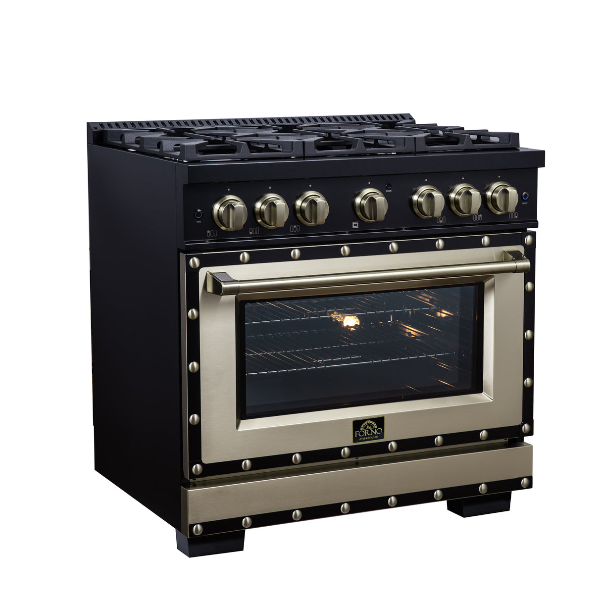 Valente 36" Dual Fuel Range in Black, 6 Sealed Burners, 71 000 BTU Cooktop Output , 5.2 Cu.Ft. convection Oven, Telescopic Racks